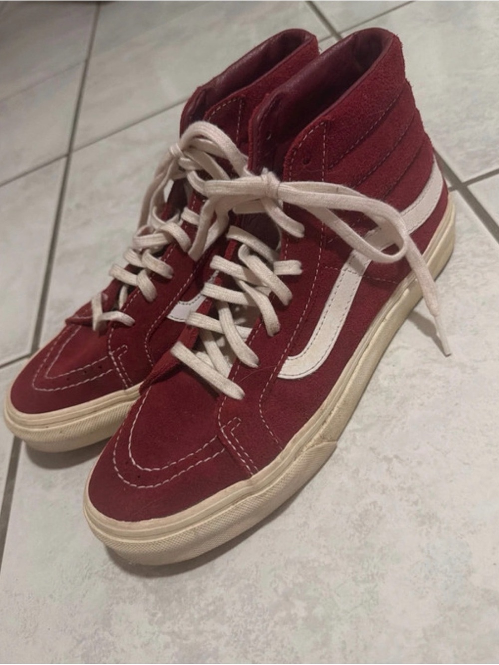Vans Maroon and White High-Top Suede Sneakers